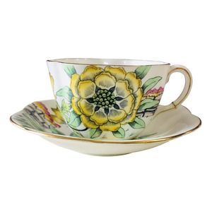 Taylor & Kent Gilt Edge Teacup Saucer Yellow Flowers Bone China Longton England